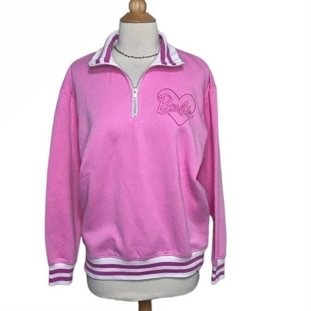 Barbie Quarter Zip Sweatshirt Size M Pink White Striped Trim Heart Logo Mattel